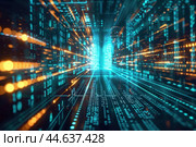 Abstract cyber tunnel with flowing binary code, representing highspeed data transfer. Стоковое AI-изображение, AI-художник Иван Рябоконь / Фотобанк Лори