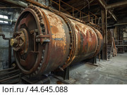 Large rusty industrial autoclave inside abandoned factory building. Стоковое AI-изображение, AI-художник Иван Рябоконь / Фотобанк Лори