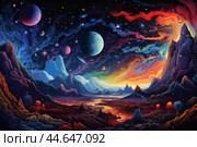 Cosmic dreamscape with vibrant nebulas and exoplanets. Стоковое AI-изображение, AI-художник Иван Рябоконь / Фотобанк Лори