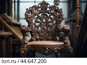 Intricate vintage carved wooden chair. Стоковое AI-изображение, AI-художник Иван Рябоконь / Фотобанк Лори