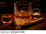 Elegant whiskey and cigar still life. Стоковое AI-изображение, AI-художник Иван Рябоконь / Фотобанк Лори