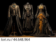 Three antique-style costumes showcased on mannequins against a dark backdrop. Стоковое AI-изображение, AI-художник Иван Рябоконь / Фотобанк Лори