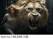 Brave woman running with fierce lion. Стоковое AI-изображение, AI-художник Иван Рябоконь / Фотобанк Лори