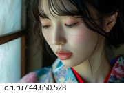 Serene beauty in traditional attire. Стоковое AI-изображение, AI-художник Иван Рябоконь / Фотобанк Лори