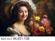 Nostalgia for old Paris: Acryl photo effect of young French woman with flowers, 18th century. Стоковое AI-изображение, AI-художник Veniamin Kraskov / Фотобанк Лори