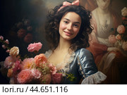 Nostalgia for old Paris: Acryl photo effect of young French woman with flowers, 18th century. Стоковое AI-изображение, AI-художник Veniamin Kraskov / Фотобанк Лори