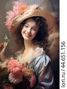 Nostalgia for old Paris: Acryl photo effect of young French woman with flowers, 18th century. Стоковое AI-изображение, AI-художник Veniamin Kraskov / Фотобанк Лори