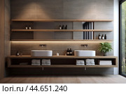 Modern bathroom interior with dual sinks. Стоковое AI-изображение, AI-художник Иван Рябоконь / Фотобанк Лори