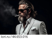 Stylish bearded man smoking in suit. Стоковое AI-изображение, AI-художник Иван Рябоконь / Фотобанк Лори