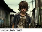 Resilient young boy in a slum environment. Стоковое AI-изображение, AI-художник Иван Рябоконь / Фотобанк Лори