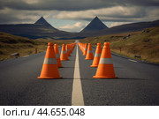 Unmissable Traffic cone road. Generate Ai. Стоковое AI-изображение, AI-художник Иван Рябоконь / Фотобанк Лори