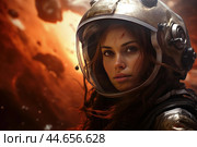 Intrepid female astronaut faces planetary mission. Стоковое AI-изображение, AI-художник Иван Рябоконь / Фотобанк Лори