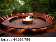 Circular outdoor fire pit seating at twilight. Стоковое AI-изображение, AI-художник Иван Рябоконь / Фотобанк Лори