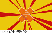 Символ лейкопластыря на фоне анимации из движущихся лучей солнца. Большой оранжевый символ немного увеличивается. Бесшовная закольцованная анимация в формате 4k на желтом фоне. Стоковое видео, видеограф Карпенко Алексей / Фотобанк Лори