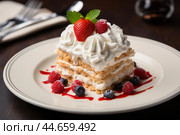 Delectable berry mille-feuille on elegant plate. Стоковое AI-изображение, AI-художник Иван Рябоконь / Фотобанк Лори
