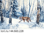 Lynx stalking through a snowy forest with birch trees and snow-covered bushes  ,watercolor illustration , created by ai. Стоковое AI-изображение, AI-художник Виталий Сова / Фотобанк Лори