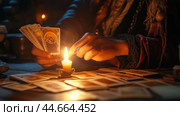 A fortune teller reading tarot cards by candlelight in a dimly lit room, creating an atmosphere of mystery and anticipation. Стоковое AI-изображение, AI-художник Сергей Толмачёв / Фотобанк Лори