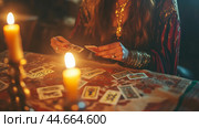 A mystical evening tarot reading by candlelight in a cozy, dimly lit room with intricate cards spread across the table. Стоковое AI-изображение, AI-художник Сергей Толмачёв / Фотобанк Лори