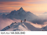 Adventurers gazing at sunrise over snowy mountain peak. Стоковое AI-изображение, AI-художник Иван Рябоконь / Фотобанк Лори