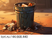 Overflowing Trash bin closeup photo. Generate ai. Стоковое AI-изображение, AI-художник Иван Рябоконь / Фотобанк Лори