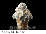 Melting vanilla ice cream cone on black. Стоковое AI-изображение, AI-художник Иван Рябоконь / Фотобанк Лори