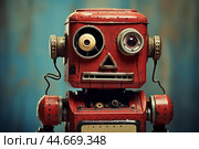 Close-up of a retro red robot toy with a worn-out look on a blue striped background. Стоковое AI-изображение, AI-художник Иван Рябоконь / Фотобанк Лори