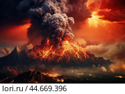 Cataclysmic volcano eruption at sunset. Стоковое AI-изображение, AI-художник Иван Рябоконь / Фотобанк Лори