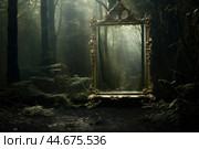 Vintage ornate mirror stands mysteriously in a foggy, dense forest. Стоковое AI-изображение, AI-художник Иван Рябоконь / Фотобанк Лори