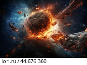 Cataclysmic asteroid collision in space. Стоковое AI-изображение, AI-художник Иван Рябоконь / Фотобанк Лори