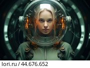 Young woman in a space helmet with a sci-fi backdrop. Стоковое AI-изображение, AI-художник Иван Рябоконь / Фотобанк Лори