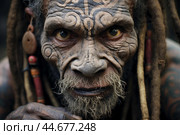 Rugged Tattooed tribe man forest shot. Generate Ai. Стоковое AI-изображение, AI-художник Иван Рябоконь / Фотобанк Лори