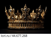 Regal gold crown with jewels on black background. Стоковое AI-изображение, AI-художник Иван Рябоконь / Фотобанк Лори