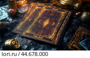 Mystical tarot cards laid on a textured surface surrounded by decorative objects in a dimly lit setting. Стоковое AI-изображение, AI-художник Сергей Толмачёв / Фотобанк Лори