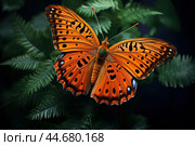 Majestic gulf fritillary butterfly on ferns. Стоковое AI-изображение, AI-художник Иван Рябоконь / Фотобанк Лори