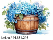 Watercolor blue hydrangeas in wooden barrel. Стоковое AI-изображение, AI-художник Иван Рябоконь / Фотобанк Лори