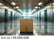 Single cardboard box abandoned in empty corridor with elevators. Стоковое AI-изображение, AI-художник Иван Рябоконь / Фотобанк Лори