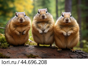 Group of funny chipmunks in the wild. Стоковое AI-изображение, AI-художник Veniamin Kraskov / Фотобанк Лори