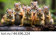Group of funny chipmunks in the wild. Стоковое AI-изображение, AI-художник Veniamin Kraskov / Фотобанк Лори