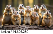 Group of funny chipmunks in the wild. Стоковое AI-изображение, AI-художник Veniamin Kraskov / Фотобанк Лори
