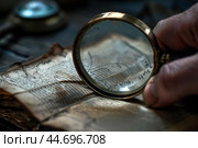 Historian examining ancient book with magnifying glass. Стоковое AI-изображение, AI-художник Иван Рябоконь / Фотобанк Лори