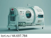 Modern hyperbaric oxygen therapy chamber standing on turquoise background. Стоковое AI-изображение, AI-художник Иван Рябоконь / Фотобанк Лори