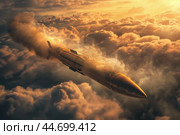 Nuclear missile is flying above the clouds at sunset. Стоковое AI-изображение, AI-художник Иван Рябоконь / Фотобанк Лори