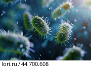 Microscopic view of bacteria cells floating in a body. Стоковое AI-изображение, AI-художник Иван Рябоконь / Фотобанк Лори