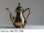 Traditional arabic dallah coffee pot standing on white background. Стоковое AI-изображение, AI-художник Иван Рябоконь / Фотобанк Лори