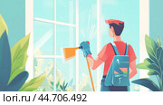 A young person cleans windowpanes in a bright, airy room surrounded by indoor plants during a sunny afternoon. Стоковое AI-изображение, AI-художник Сергей Толмачёв / Фотобанк Лори