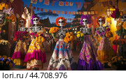 Colorful day of the dead celebrations with vibrant catrina skeletons in traditional dresses. Стоковое AI-изображение, AI-художник Zakharova Natasha / Фотобанк Лори