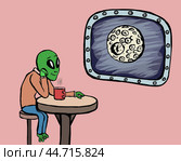Инопланетянин с чашкой чая чб / Alien with cup of tea bw. Стоковая иллюстрация, иллюстратор Александр Паньков / Фотобанк Лори