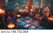 A mystical tarot reading setup in a dimly lit forest nook with crystals, candles, and tarot cards illuminated by soft, flickering lights. Стоковое AI-изображение, AI-художник Сергей Толмачёв / Фотобанк Лори