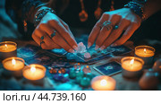 A witch performs a tarot card reading with crystals and candles in a dimly lit room. Стоковое AI-изображение, AI-художник Сергей Толмачёв / Фотобанк Лори