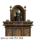 Alien figure in ornate wooden pulpit. Стоковое AI-изображение, AI-художник Иван Рябоконь / Фотобанк Лори